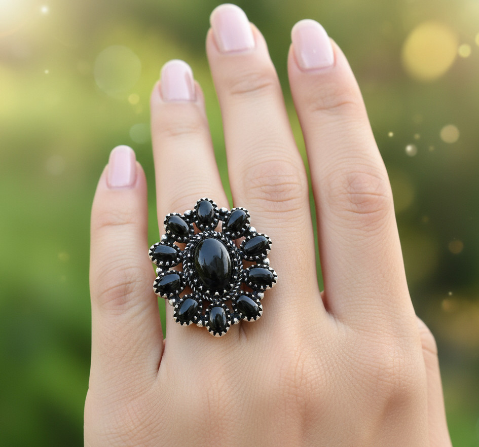 Natural Black Onyx Gemstone 925 Sterling Silver Jewelry Ring Size 8 Gift M470