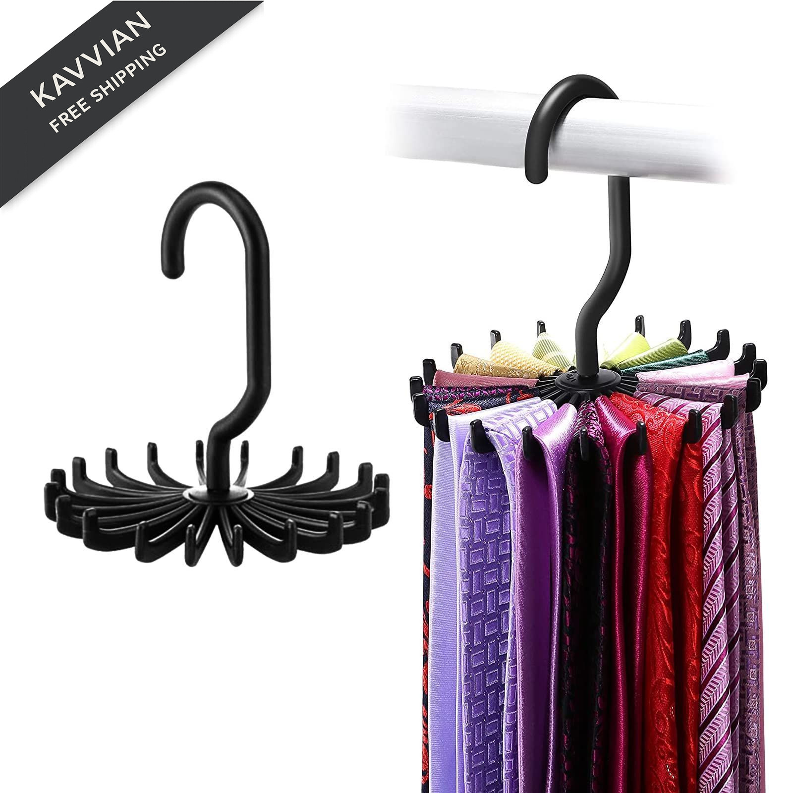 2Pack Circular Tie Hanger Updated Twirl Rack Adjustable Adult, Black