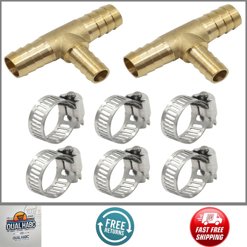 Brass Hose Barb Reducing Tee 3/4"x5/8"x3/4" Fitting 2pcs + 6 Hose Clamps Set