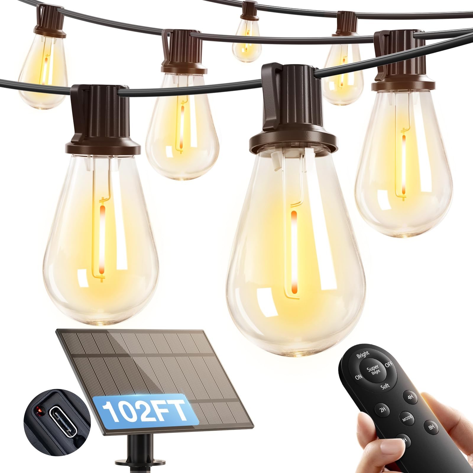 Solar String Lights 96FT 96FT+6 Outdoor Waterproof 34 LED Dimmable Bulbs addlon