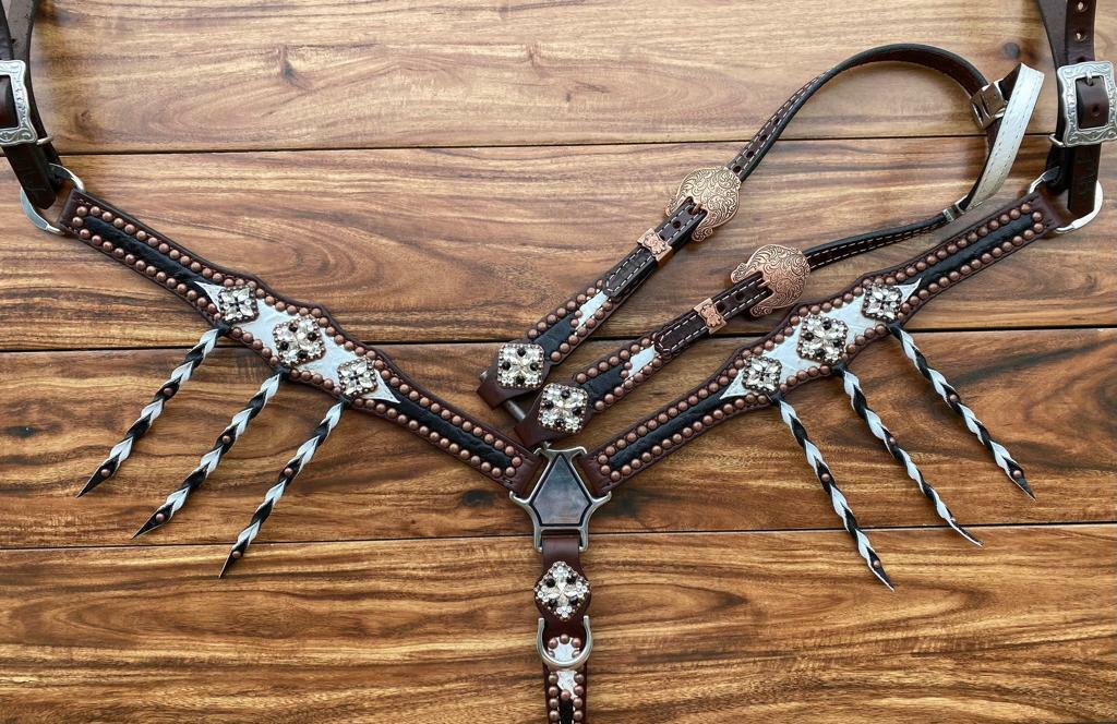 Western Brown Leather Tack set of Headstall & Breast collar with Black Overlay
