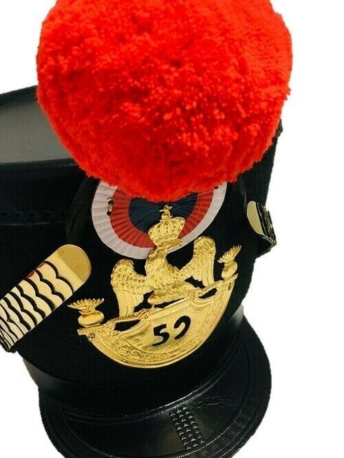 Shako Helmet Napoleonic French Leather Military Red Pompom & 59 No. Brass Plate