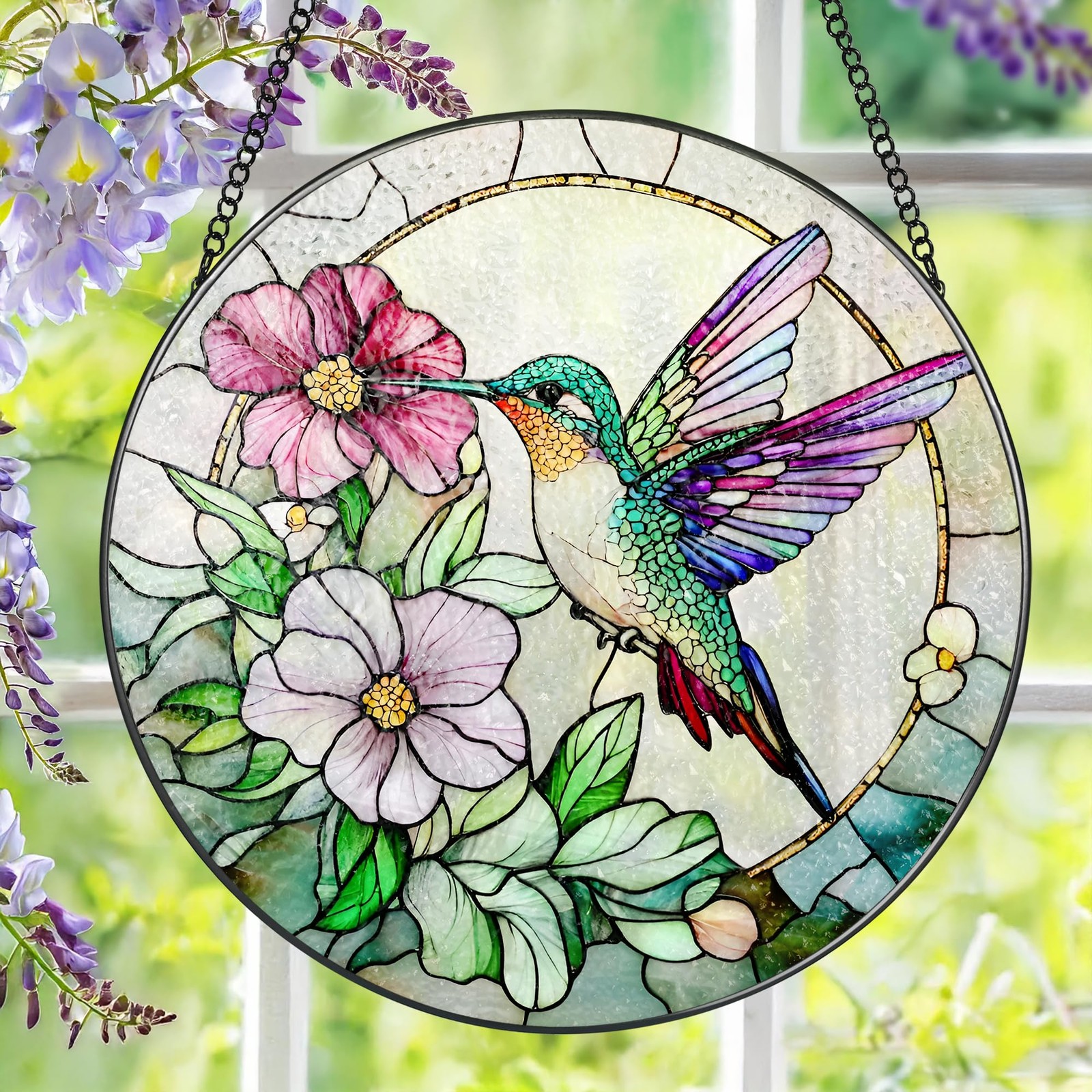 Hummingbird Suncatcher Stained Glass, Stain Glass Window Hanging, 8 Inch Stai...