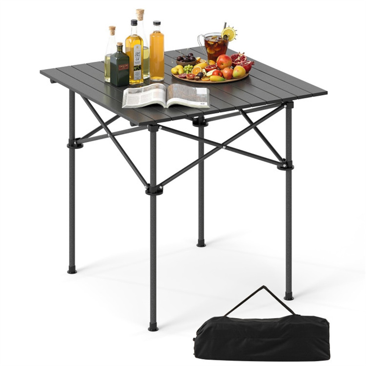 Black 28" Foldable Camping Table with Aluminum Top Portable Picnic Table