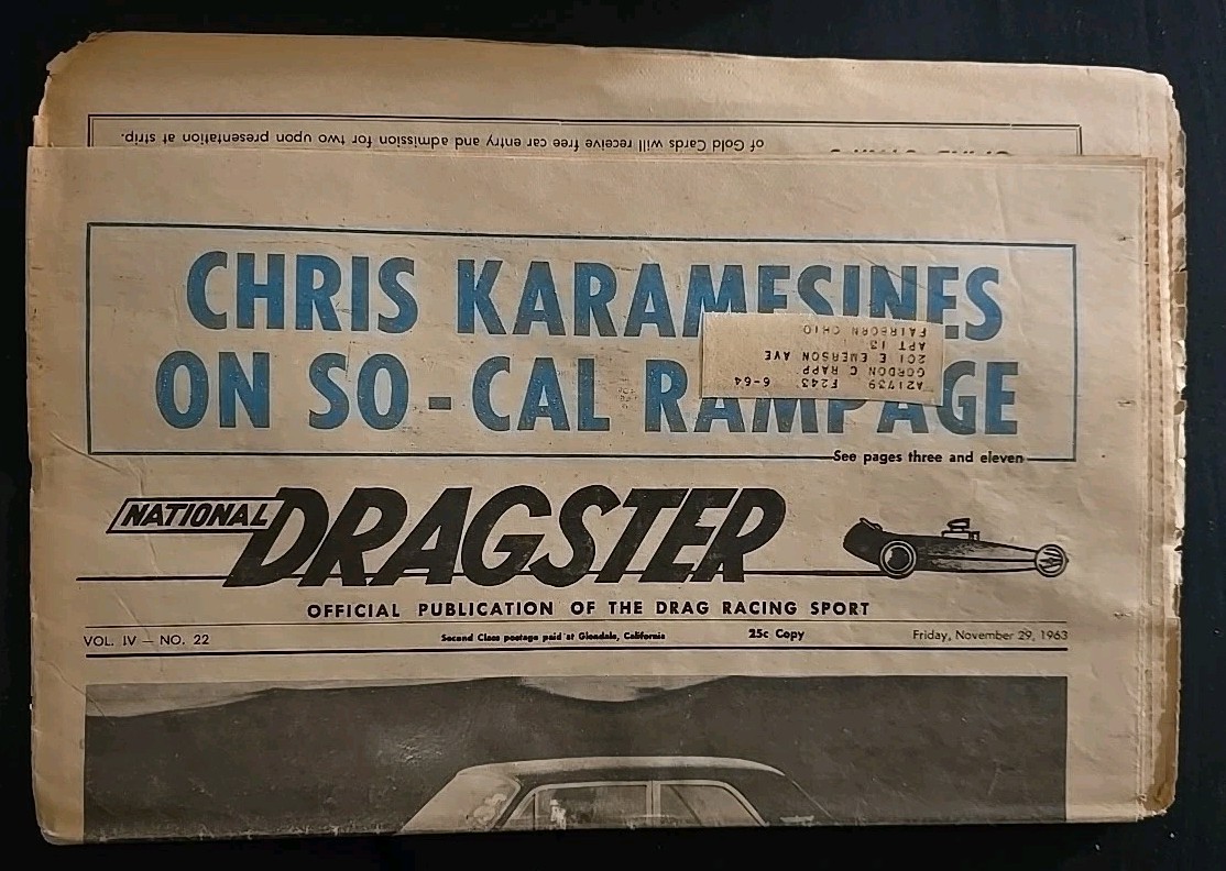 Vintage November 1963 National Dragster Paper Publication,  Chris Karamesines On