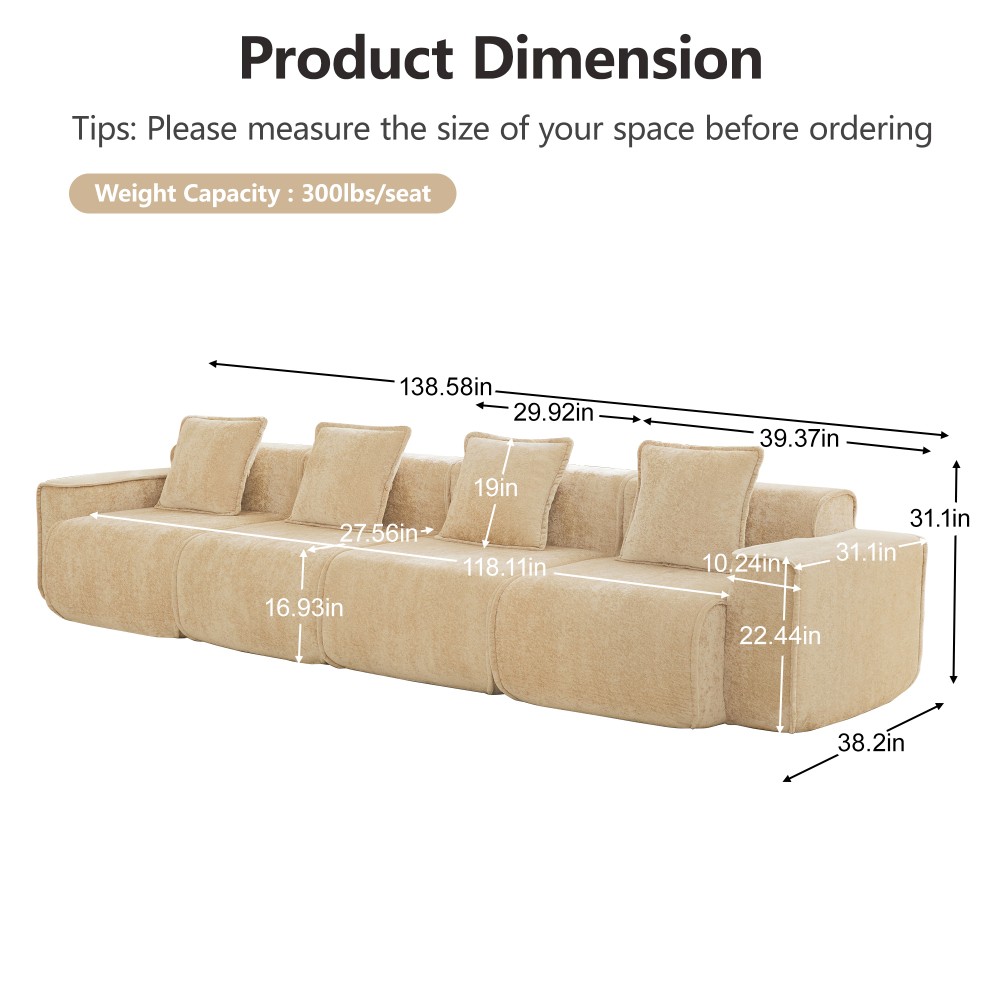 Modular 4-Seat Sofa w/ Throw Pillows, Velvet Fabric, Light Camel