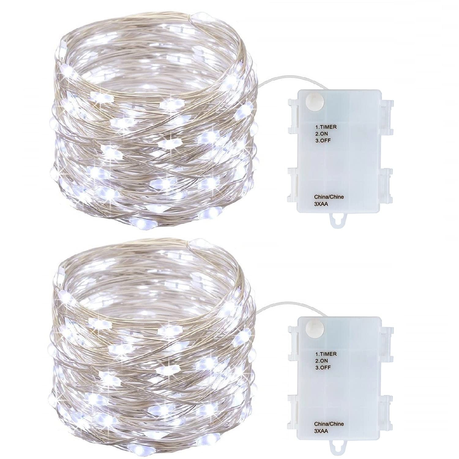 2 Pack Battery Operated Mini 18 feet, Cold White with Waterproof Box