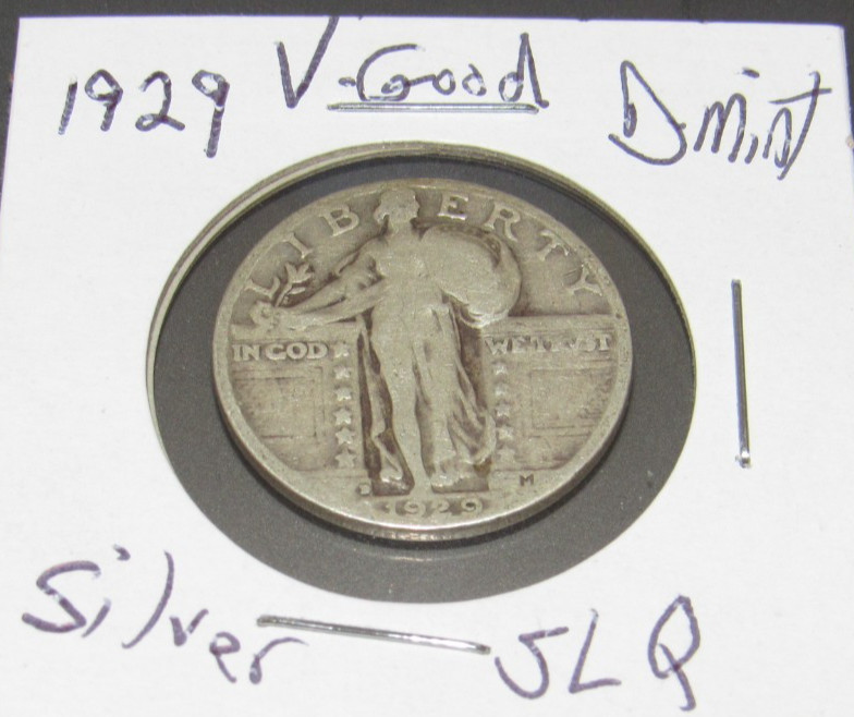 V-Good SLQ Silver 1929 d Denver Mint Standing Liberty Quarter Old coin