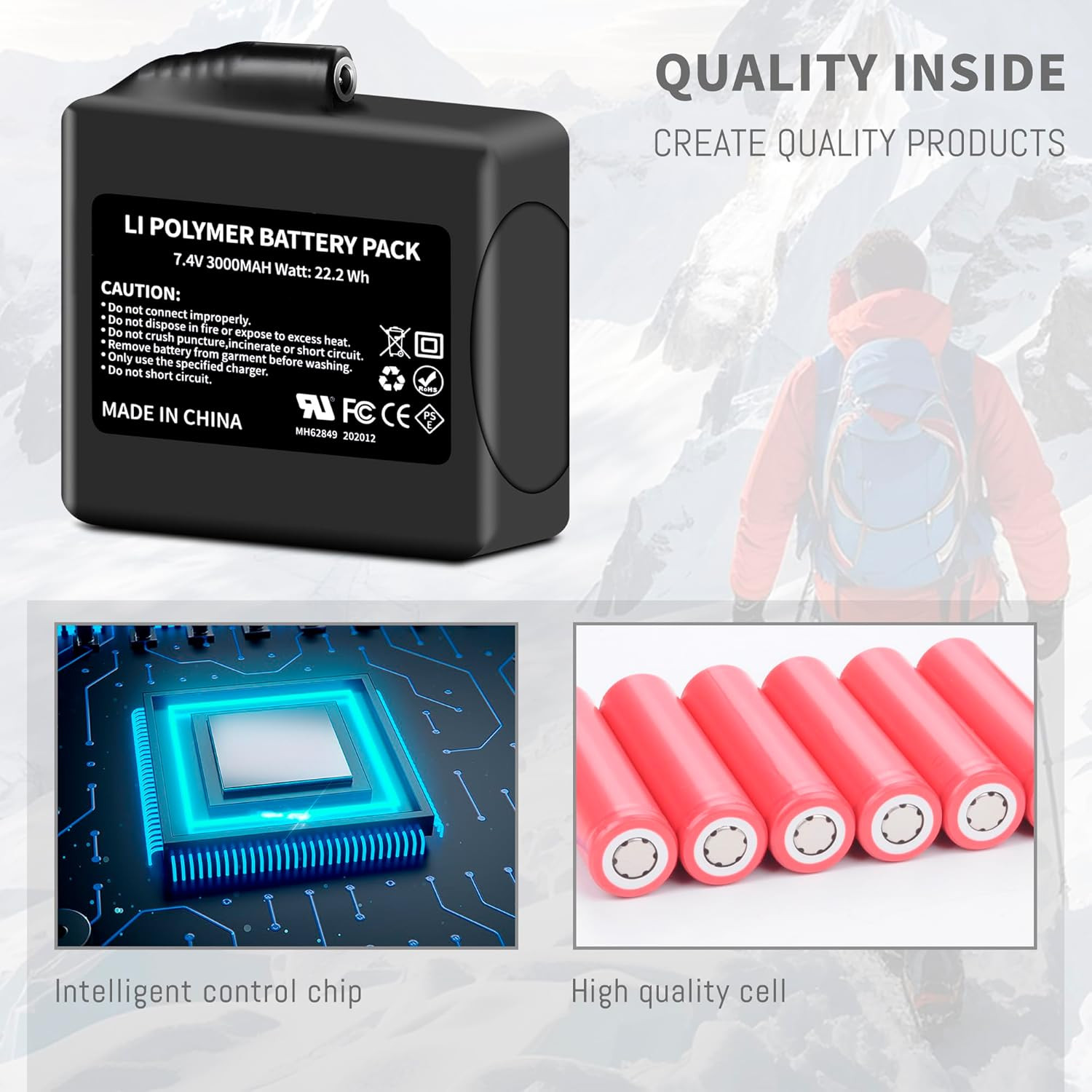 2Pack 3000mAh Lithium-ion Battery Pack for Heated Gloves, Socks, Hats, Mittens,