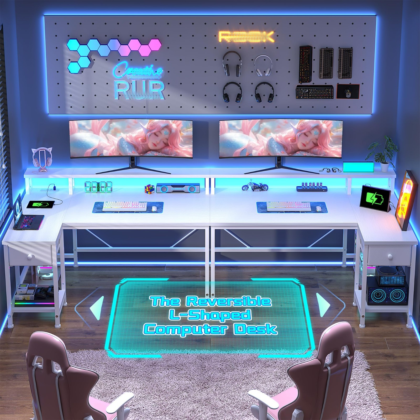 Study Table Office 40 inch L Shaped Computer Desk w/ Drawers & LED Lights,White