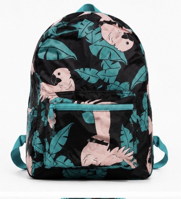 Parrot Tropical Print Backpack Black Teal Lightweight School Travel Daypack Bag