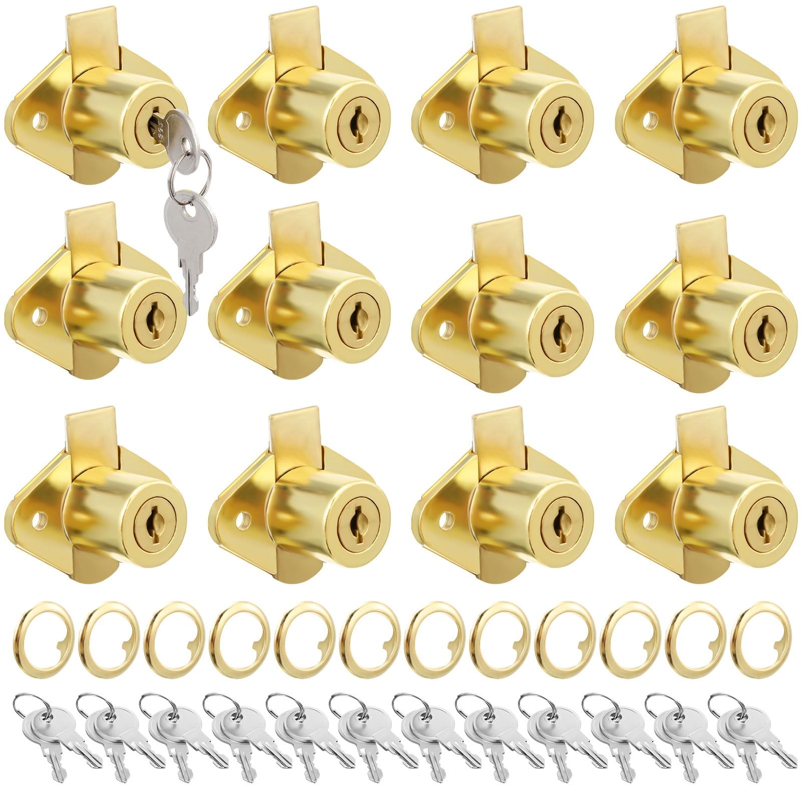 12 PCS Gold Brass Plated Cabinet Locks Keyed Different Fits 7/8 Inch Panel