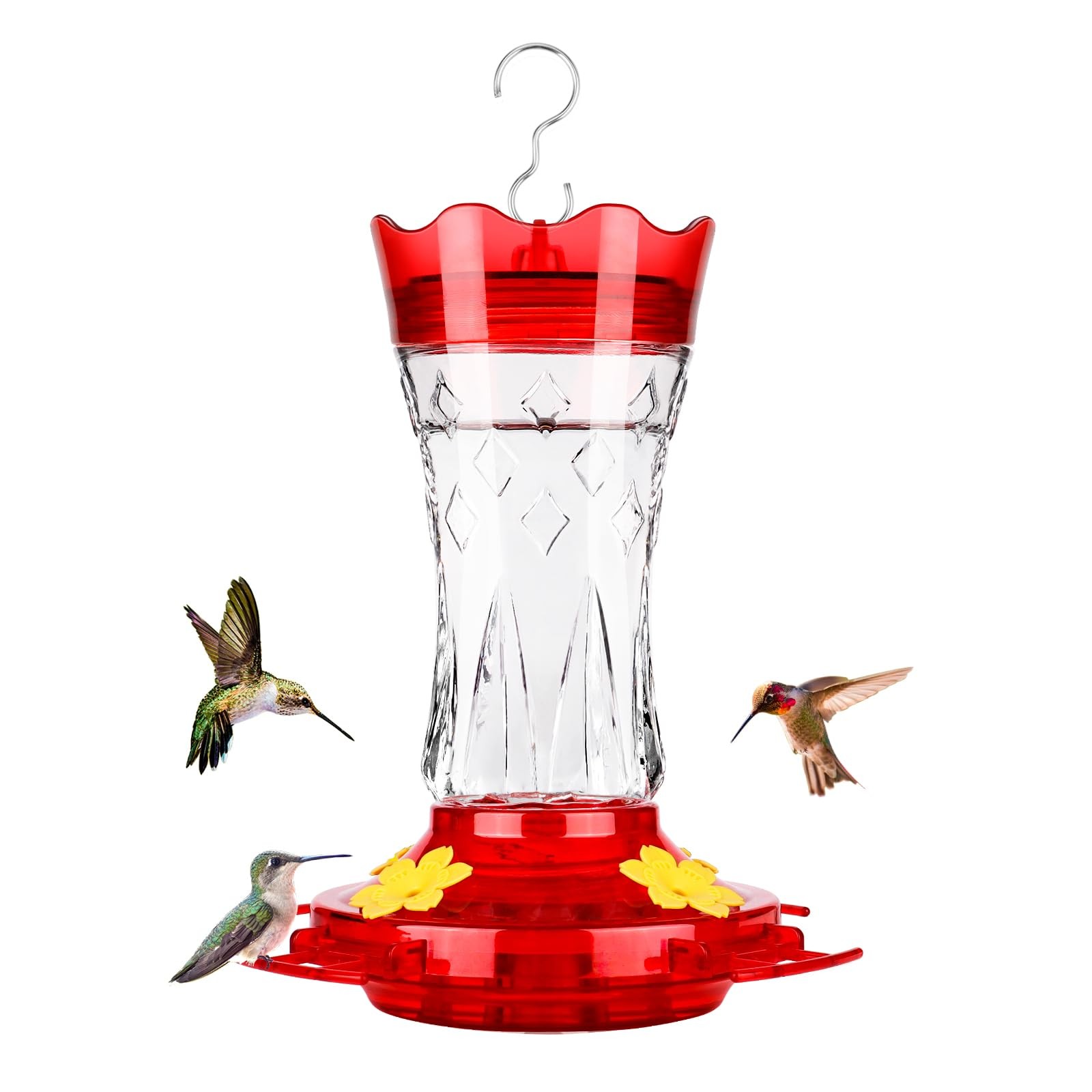 BOLITE Glass Hummingbird Feeders for Outdoors Hanging, Built-in Ant Moat, Red