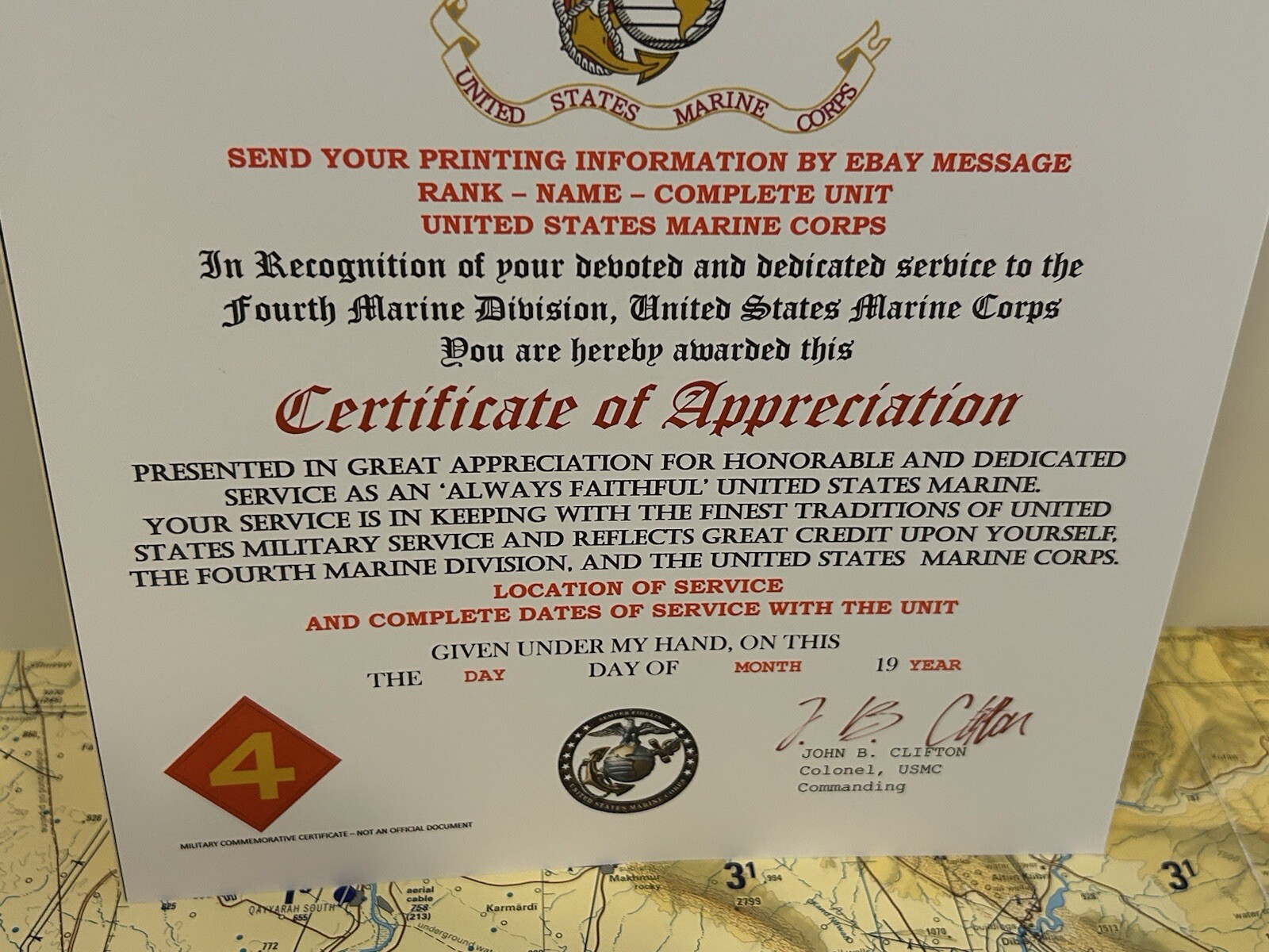U.S. MARINE CORPS / 4TH MARINE DIVISION - CERTIFICATE OF APPRECIATION