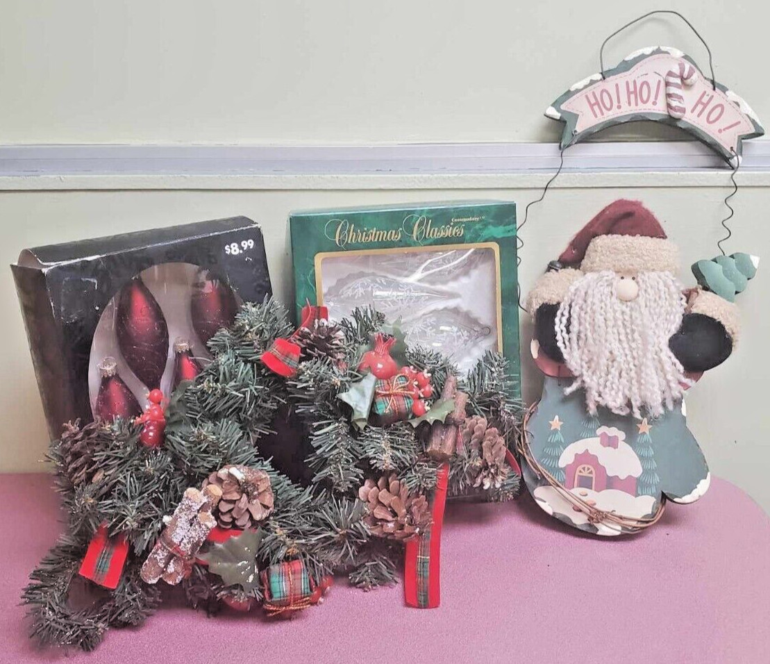 Mixed Lot of Christmas Ornaments, & Wall Hanging Decor - Baubles, Wreath, Santa
