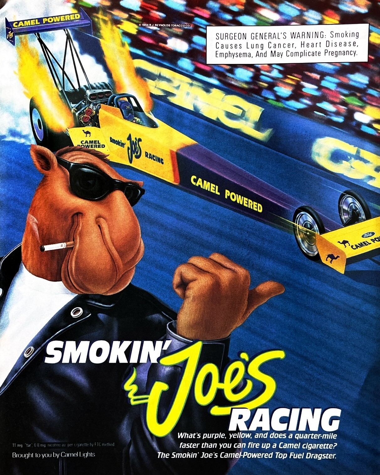 1994 JOE CAMEL Cigarettes Genuine Vintage Print Ad Smokin' Joe's Racing Car Auto