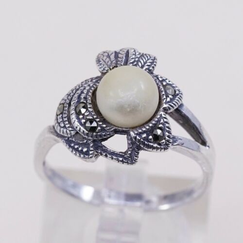 Sz 7.25, Vtg Sterling Silver Handmade Ring, 925 Silver W/ Faux pearl N Marcasite