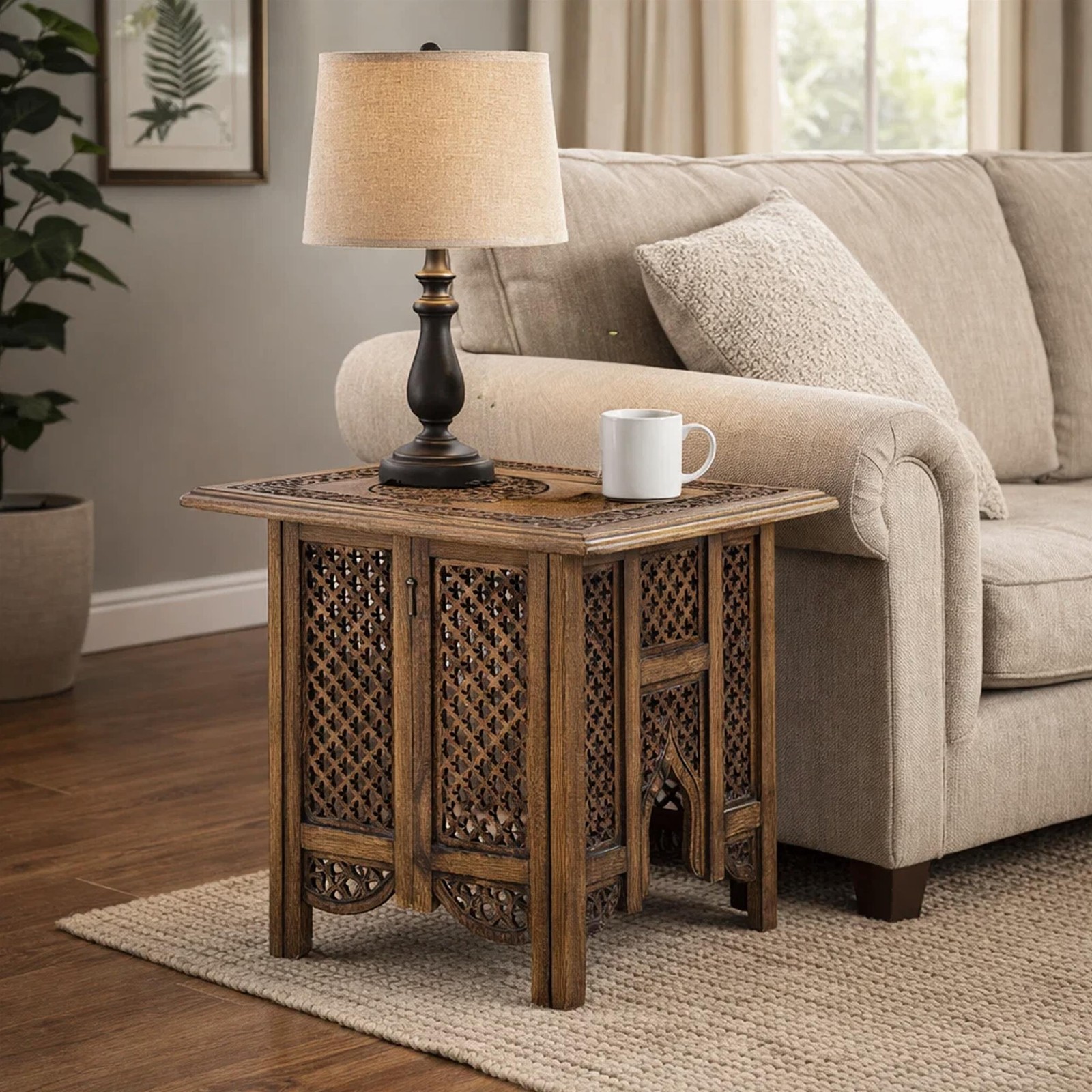 21 Inch Boho Side End Table- Floral Carved Details- Foldable Panel Legs
