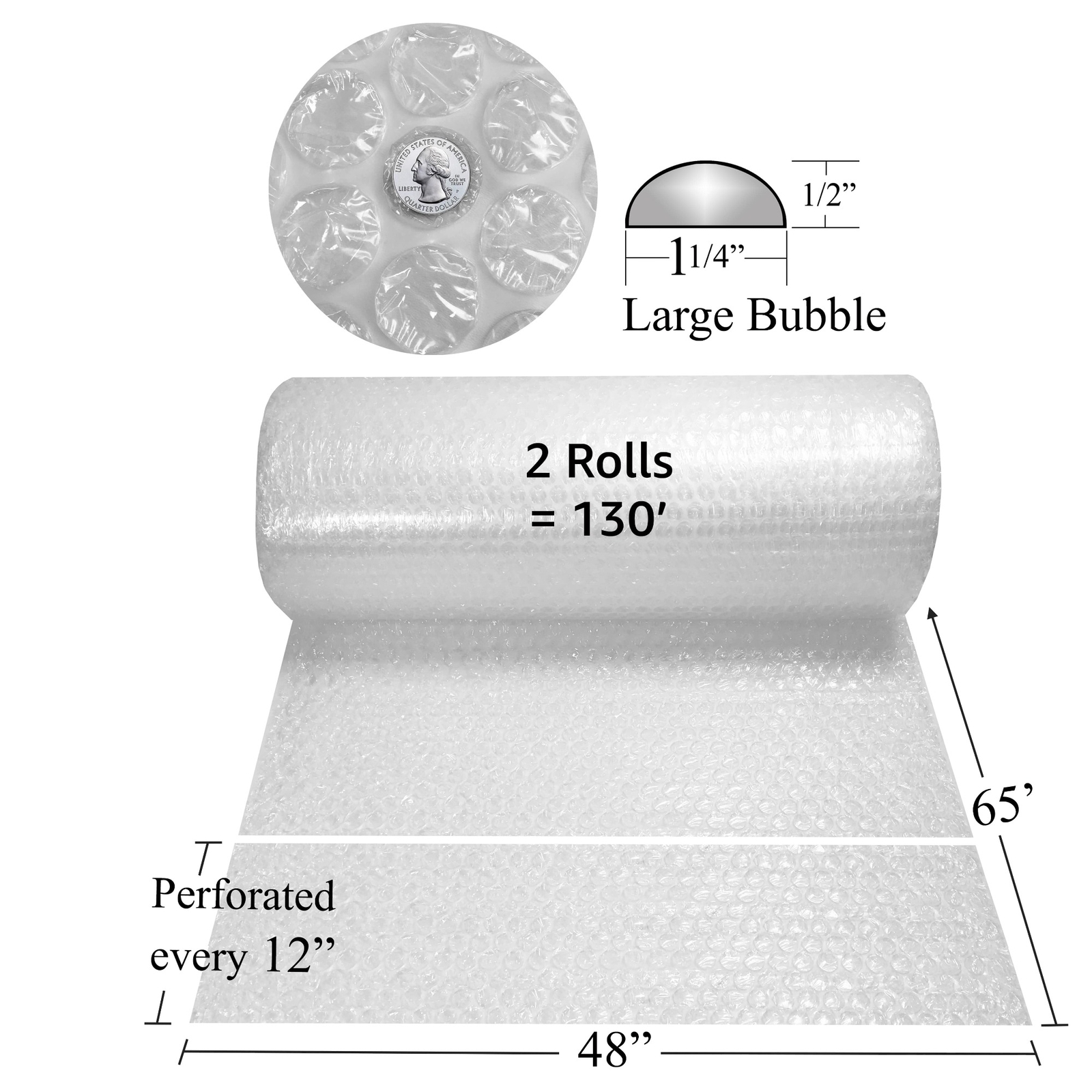 UOFFICE Bubble Roll Wrap - 48" Wide x 130 Ft - Large 1/2" Size Bubbles