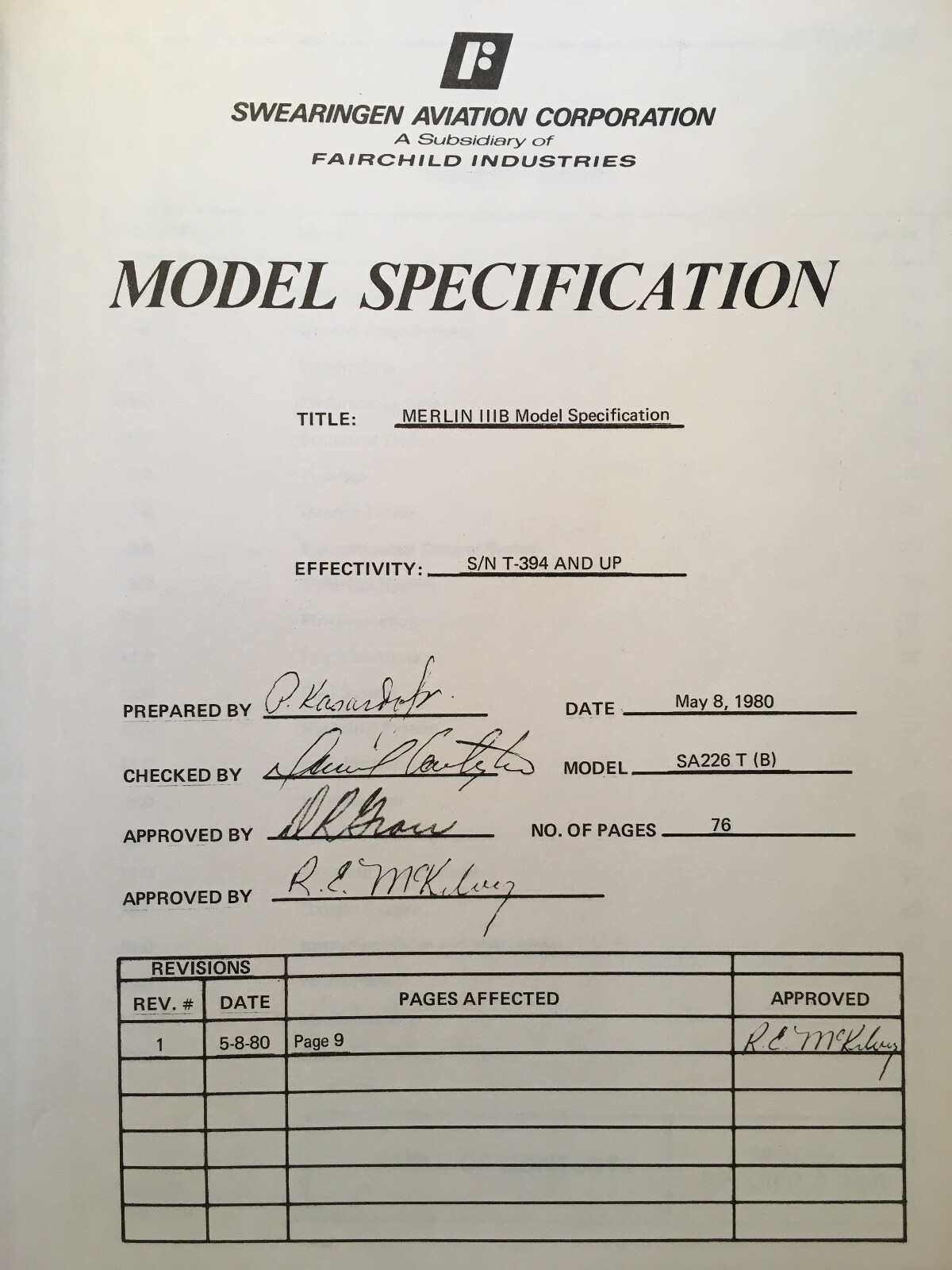 Merlin IIIB SA226T Model Specification Booklet