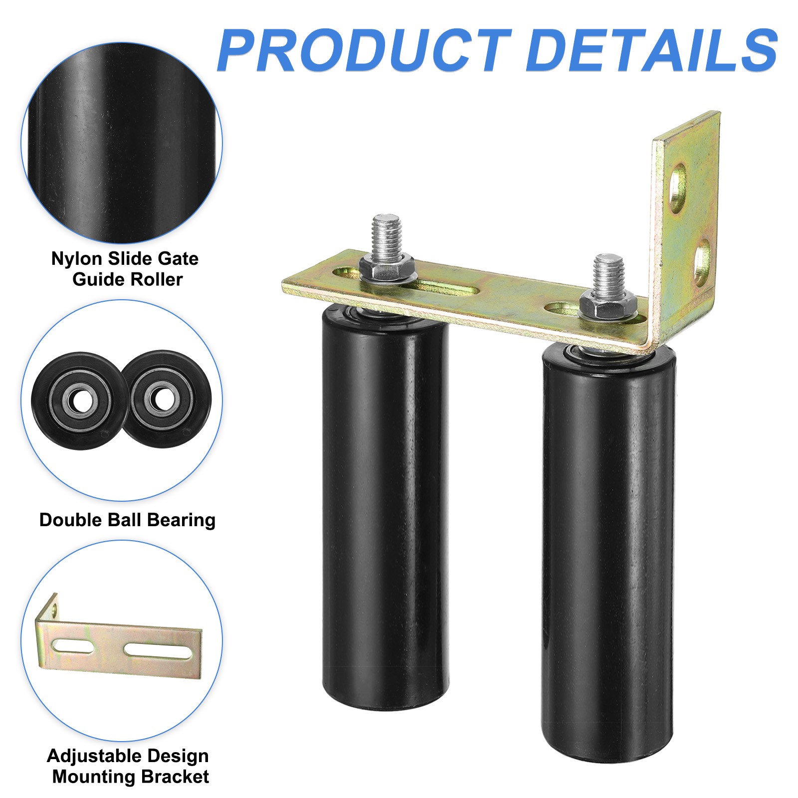 1Set Slide Gate Guide Roller, 6" Nylon Gate Support Rollers with Bracket, Black