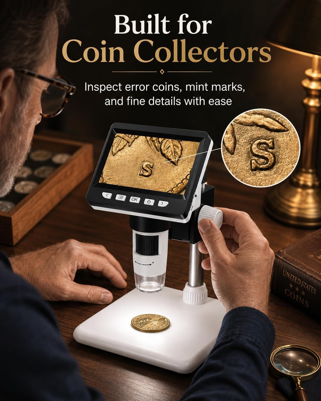 Digital Coin Microscope 1000X, 4.3" LCD Coin Magnifier with Screen for Error