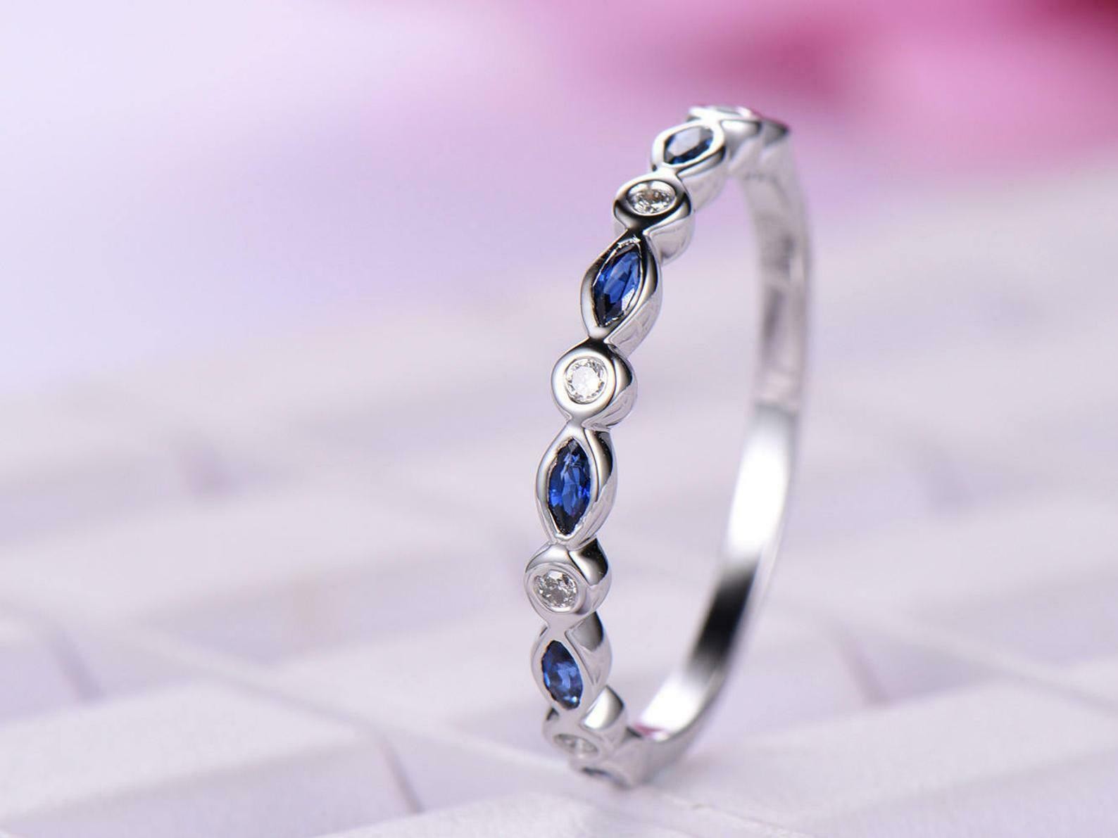 1ct Natural Blue Sapphire Wedding Band Half Eternity 14k White Gold Plated