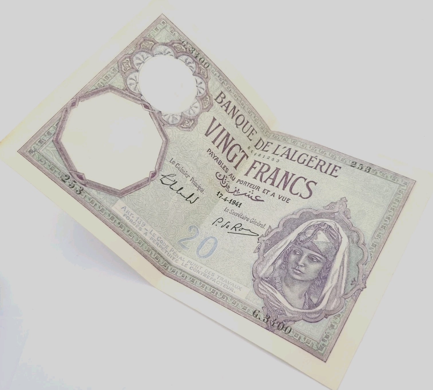 Banknote Algeria 20 Francs 17 Apr 1941 Vingt Francs Banque L'Algerie Good