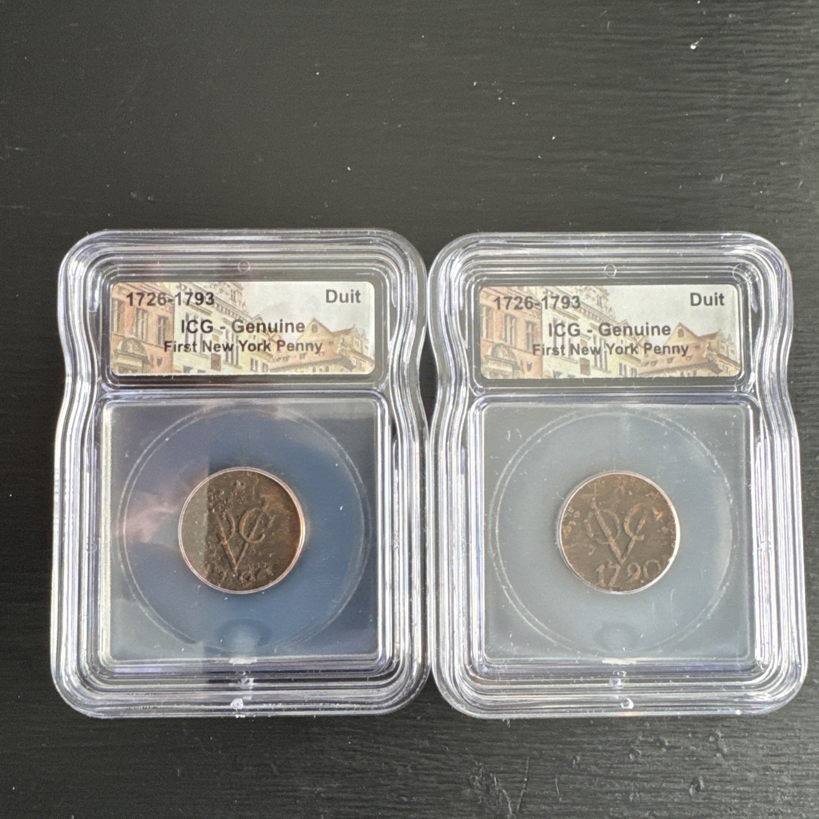 Lot of 2 1726-1793 New York Penny ICG Genuine VOC Duit