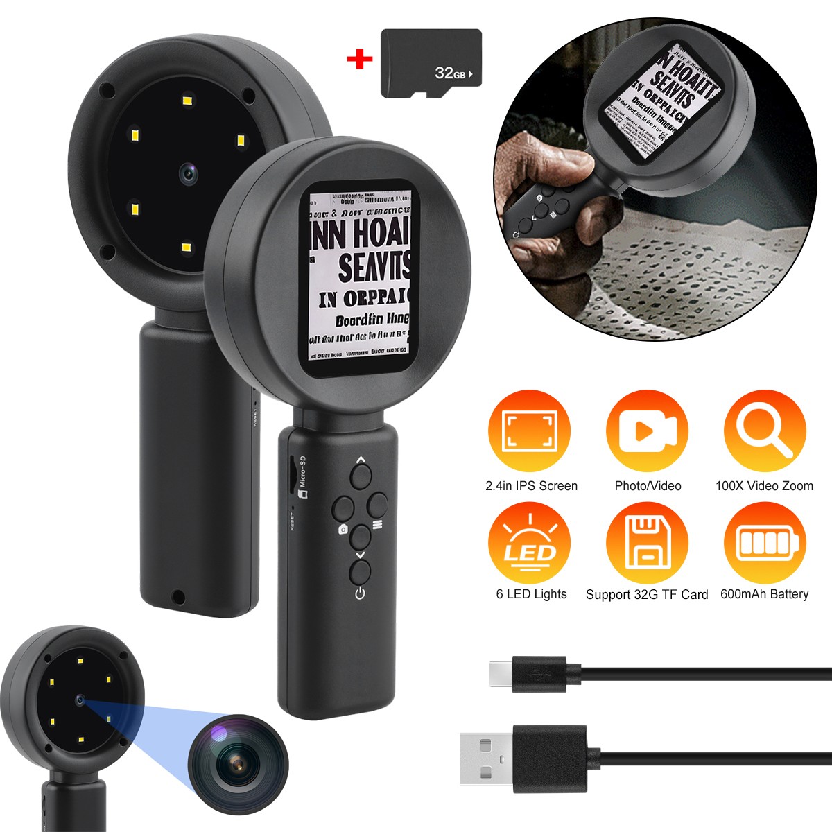 Digital Magnifier 100X Magnifying Glass 1080P Camera Video LED Light 2.4" Screen