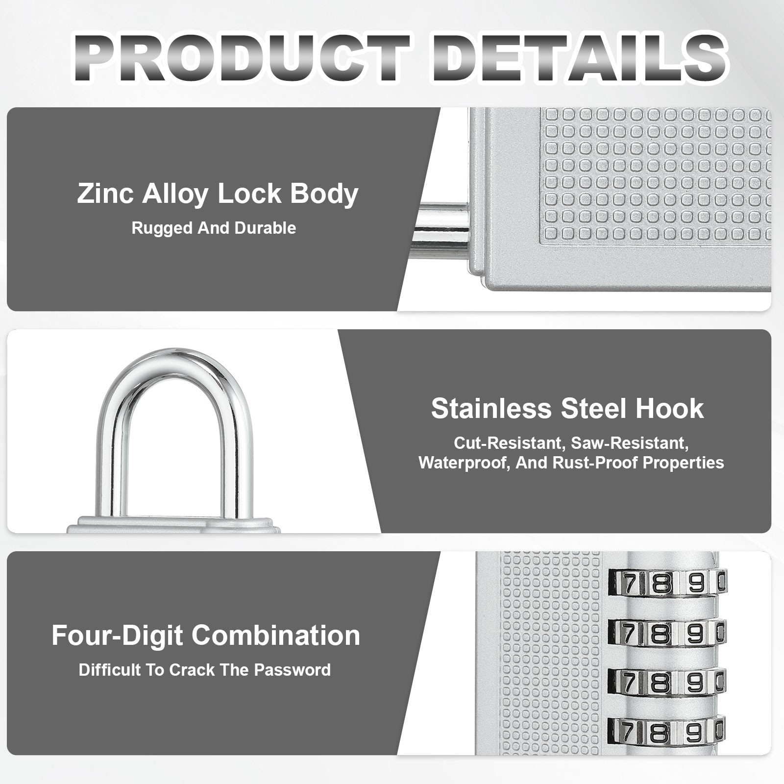 Combination Padlock (Large, Silver), 4-Digit Shackle Code Locks