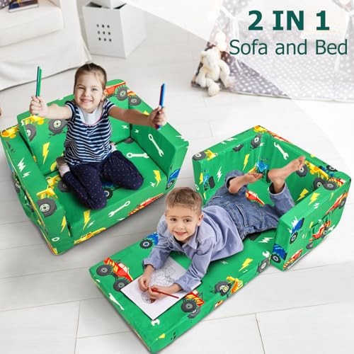 Kids Couch, 2-in-1 Kids Fold Out Sofa, Convertible Toddler Green Monster Trunk