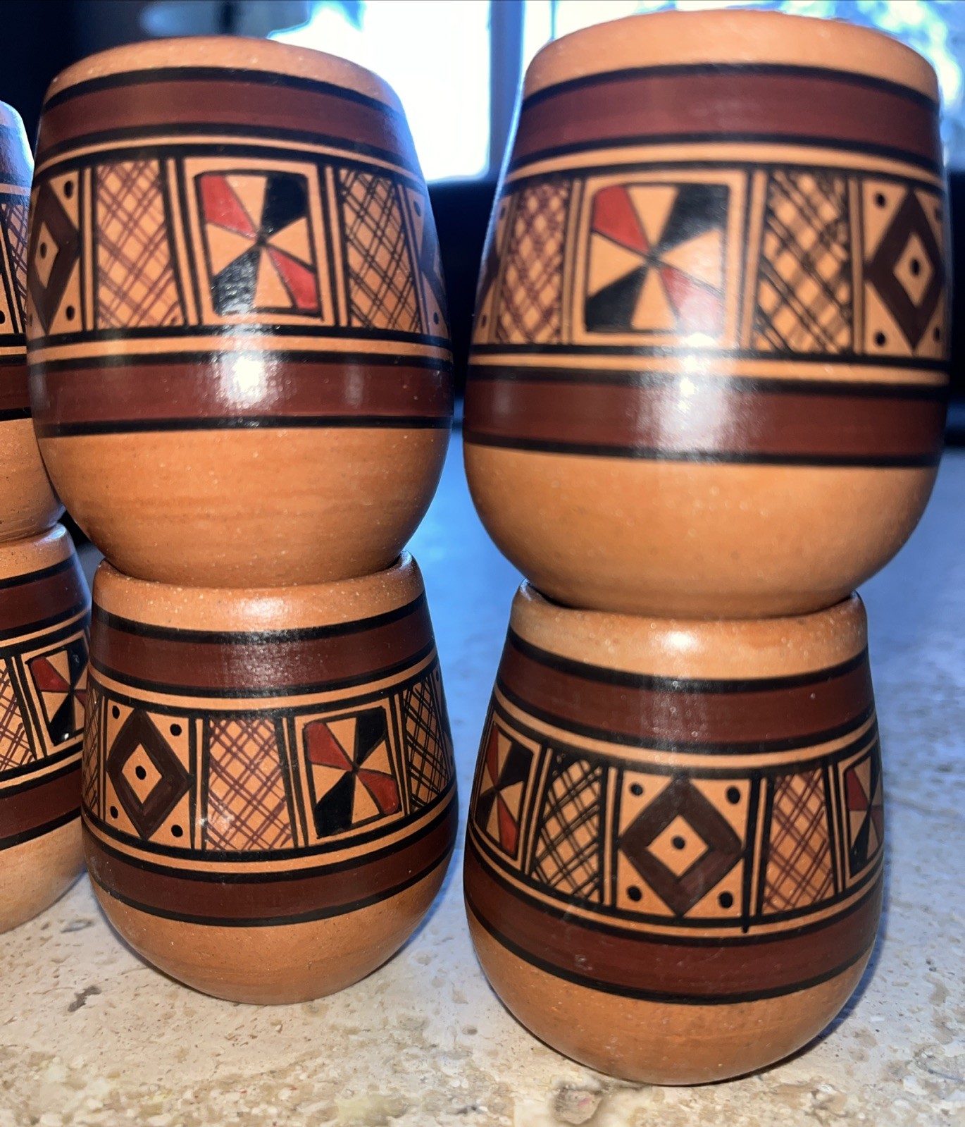 Peruvian Cusco Pottery Terracota 6 Cups Porcelain Inca Geometric Pattern Peru
