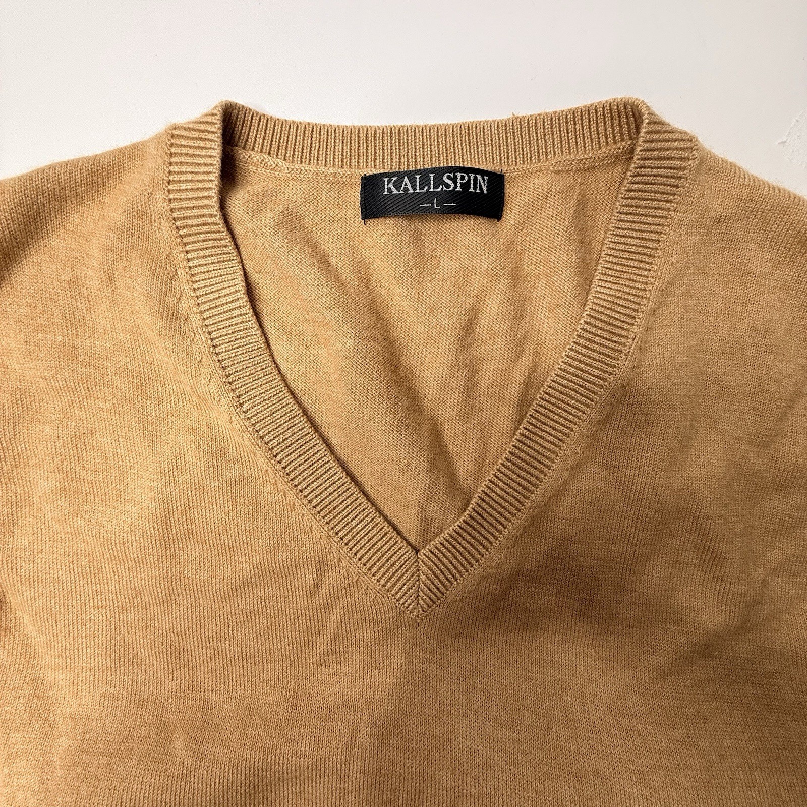 Kallspin Wool Blend Sweater Vest Mens Large Brown Knit V Neck Preppy Nerdy Work