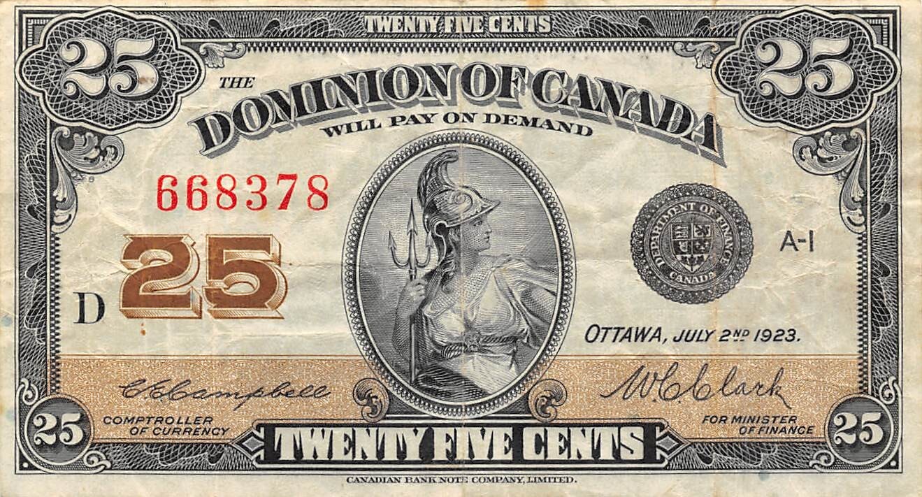 Canada / Dominion  25  Cents  7.2.11923  P 11c  Series D Circulated Banknote Z16