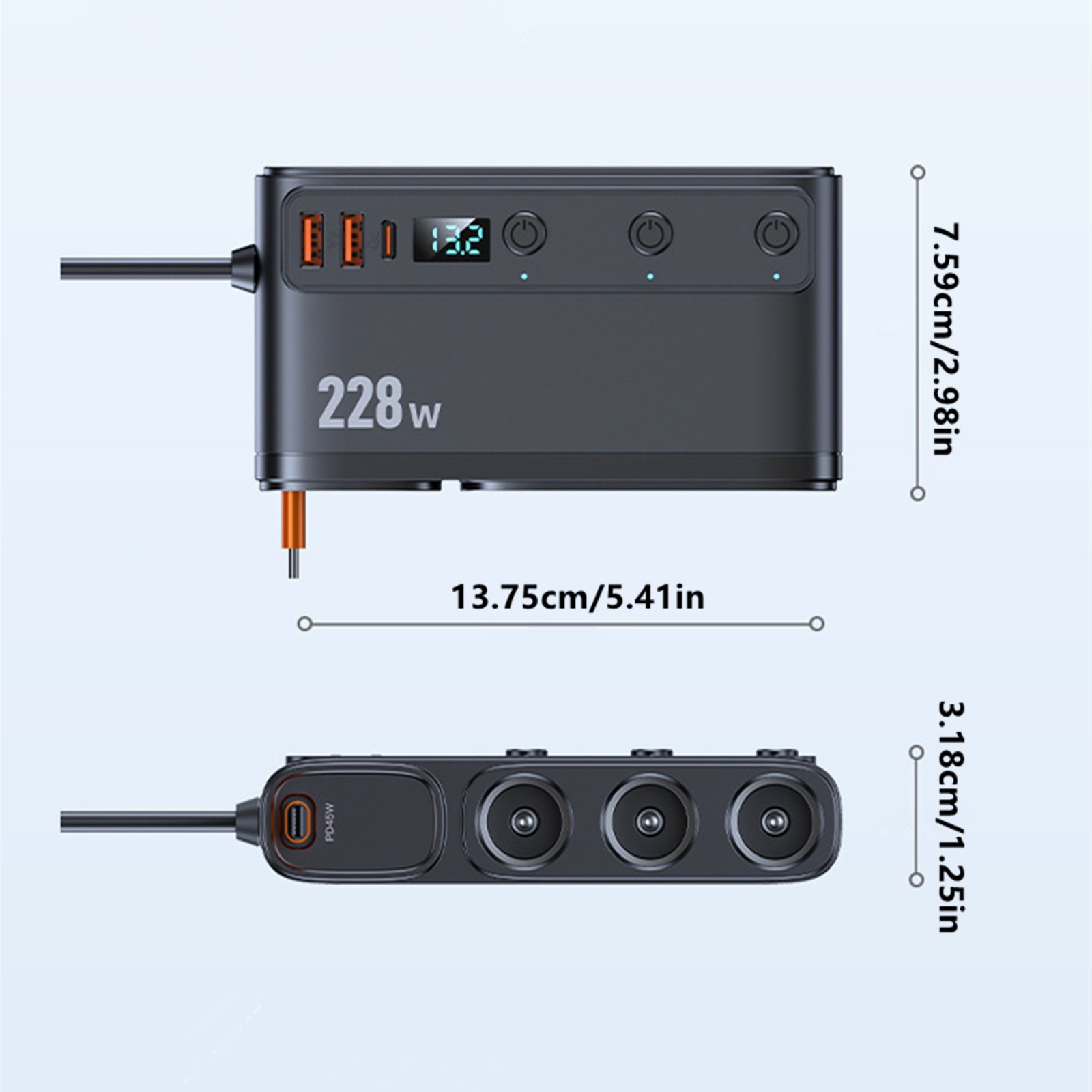 For Truck 9-in-1 Cigarette Lighter Charger 3 Sockets 6 USB Ports 228W Display