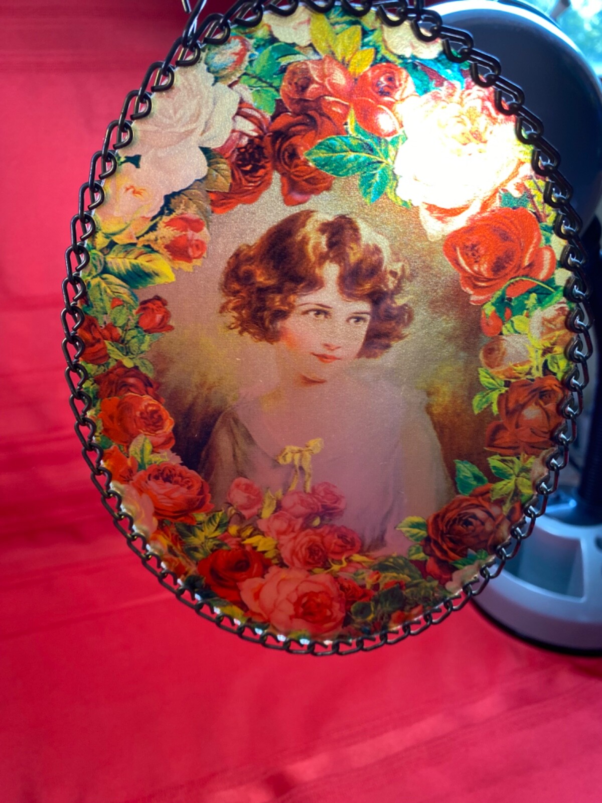 Vintage Oval Sun Catcher Young Lady With Roses Framed W/  Metal Chain 7” Great