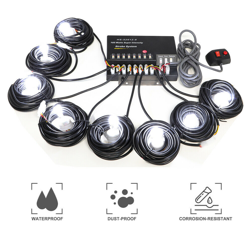 8 HID Bulbs Hide Away Emergency Strobe Light Headlight Kit Warning System WHITE