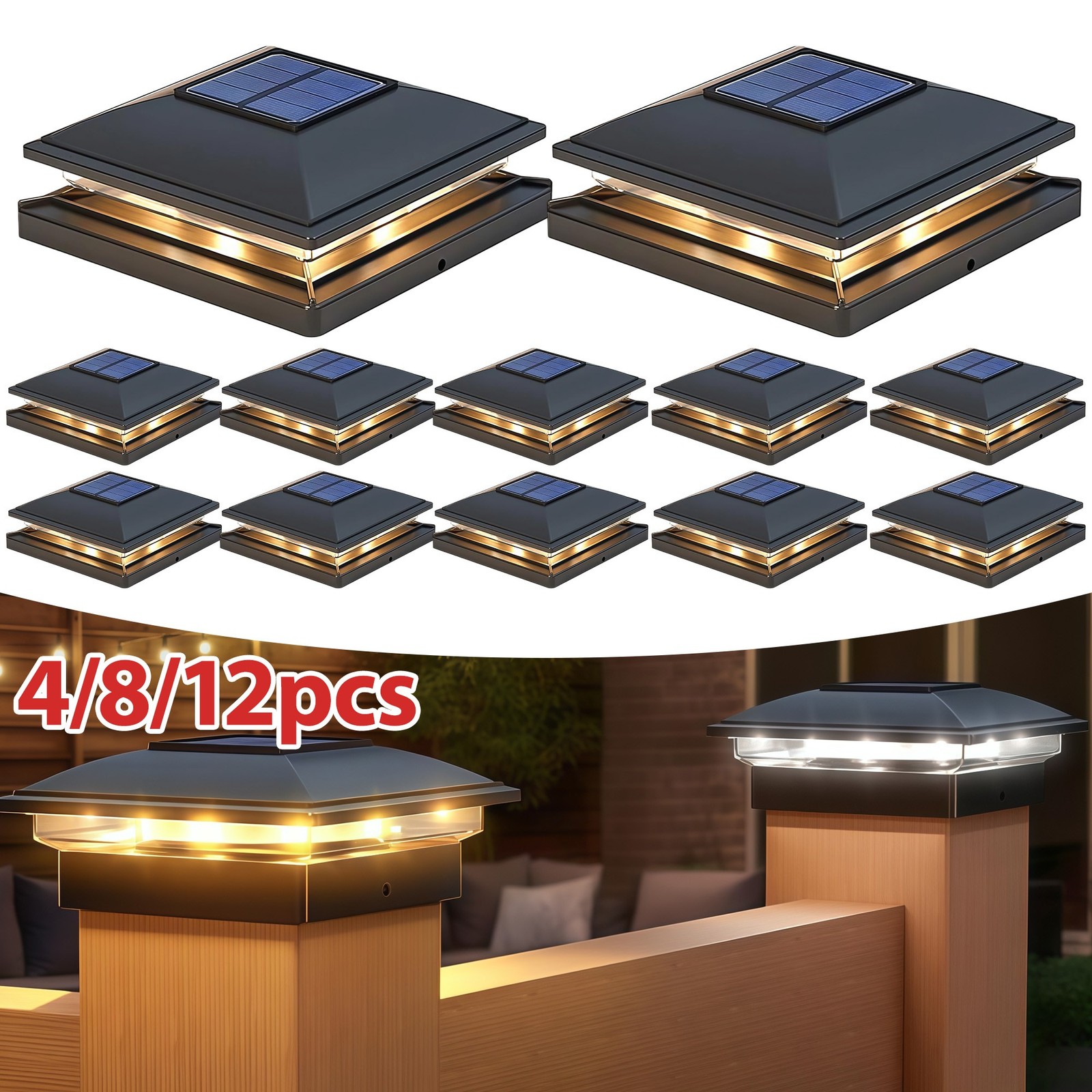 4/8/12 Pack Solar Post Cap Lights Waterproof LED Deck Fence Post Lights