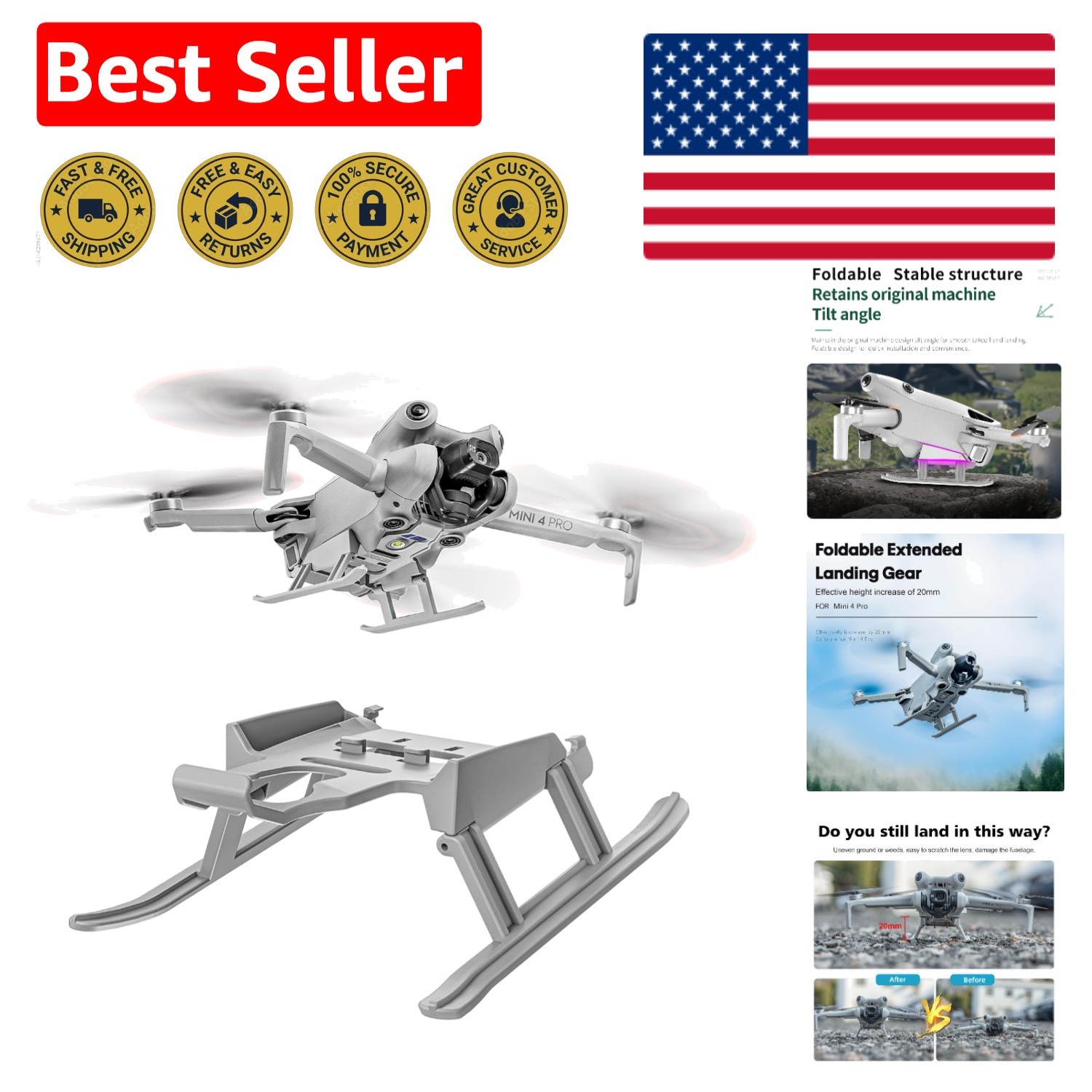 Foldable Mini 4 Pro Landing Gear - Lightweight Upgrade for DJI Drone Enthusiasts