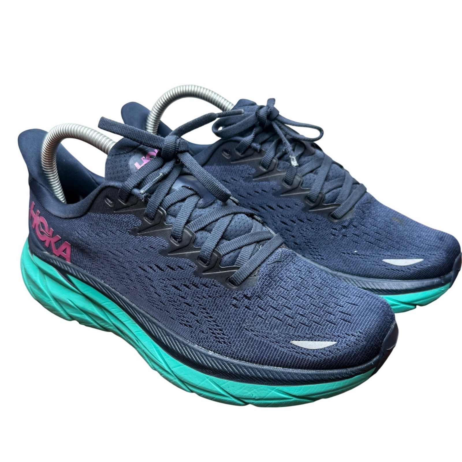 Hoka One One Clifton 8 Womens 7B Navy Blue Teal Pink Running Shoes 1119394 OSAT