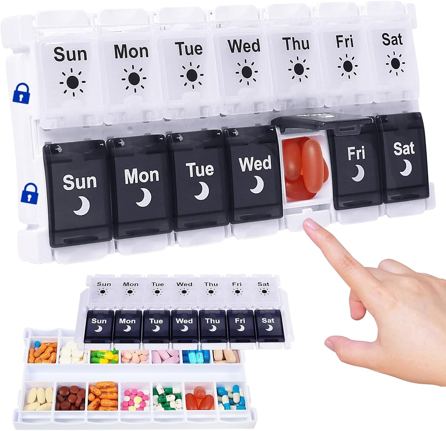 HRX Package Pill Organizer 2 Times a Day, Easy Fill & Open Weekly Medicine Box V