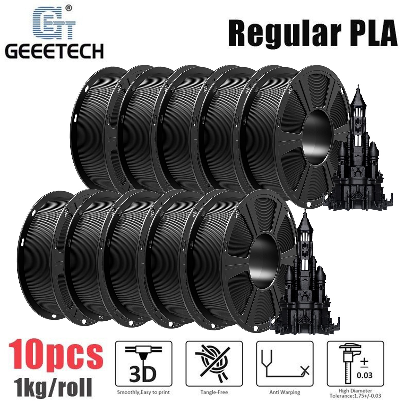 10PCS GEEETECH PLA 3D Printer Filament 1.75mm 1KG/Roll Consumables Black