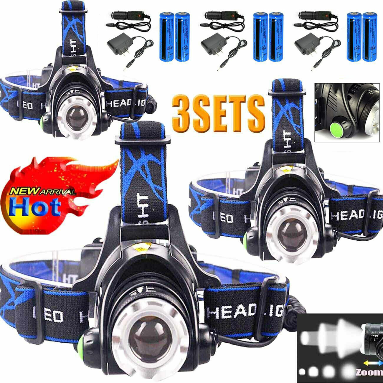 3PCS Rechargeable Tactical LED Headlamp Zoomable Headlight Head Torch w/ Battery