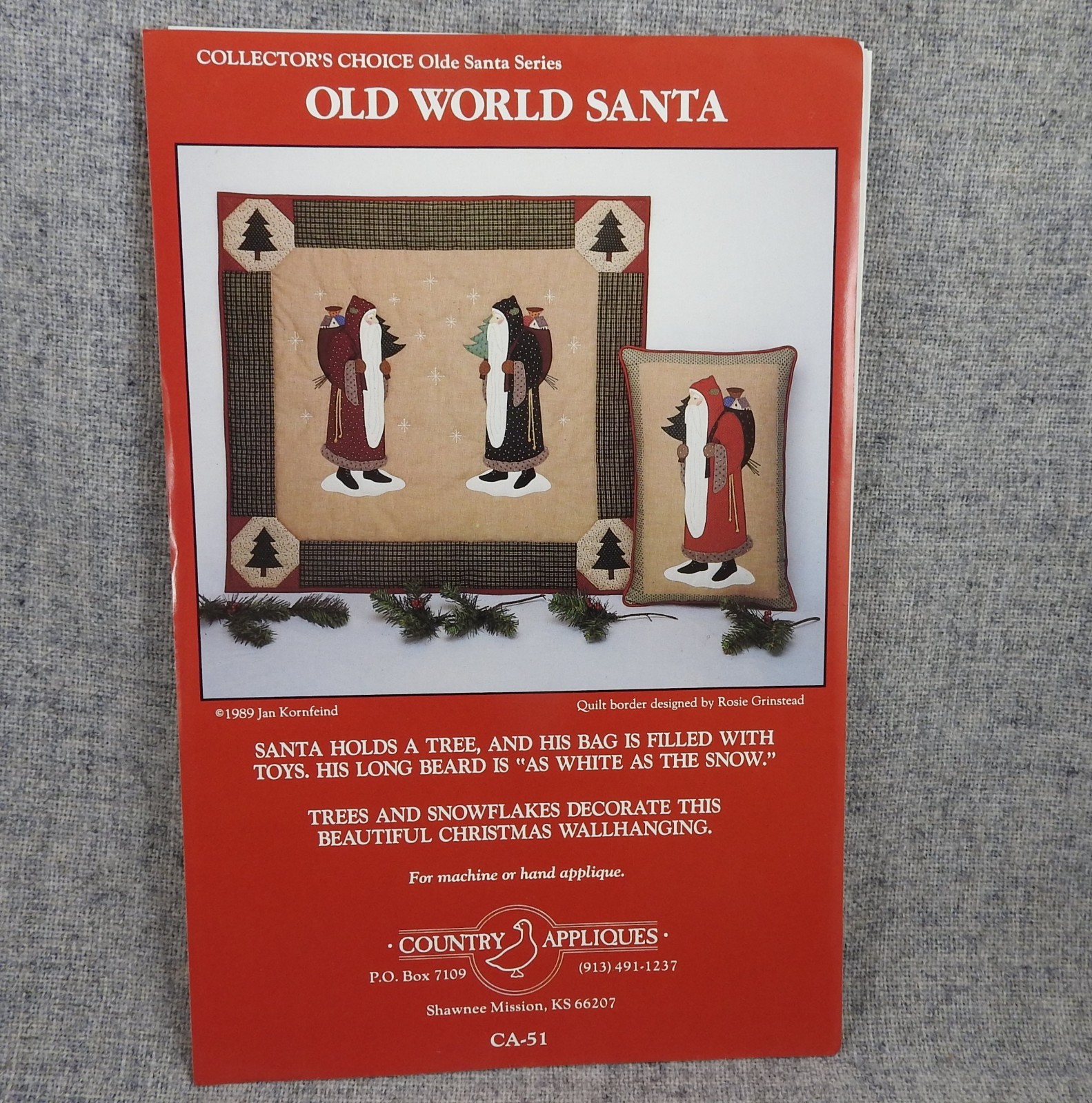 Old World Santa Country Appliques Pillow Wallhanging Quilt Applique Uncut