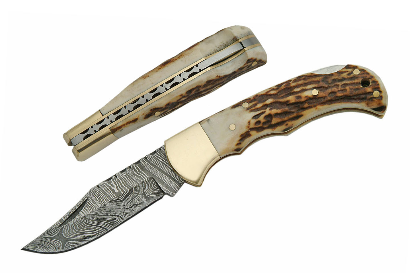FOLDING POCKET KNIFE | 6.5" Damascus Steel Blade Stag Handle Hunting Lockback