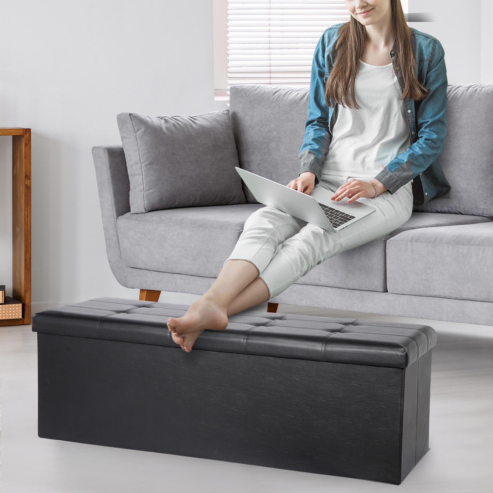 43'' Storage Ottoman Bench PVC Leather Foldable Footrest Stool w/ Divider Black