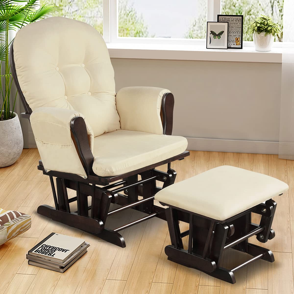 Costzon Glider and Ottoman Set, Wood 29.5” x 28.5” x 39.5” (L x W x H), Beige