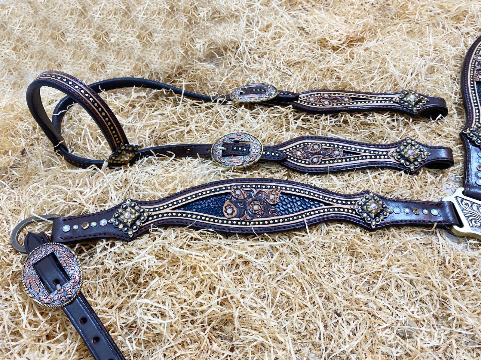 Western Leather Headstall Set Horse Decorated with Paisley Carving Gifts MOUSM