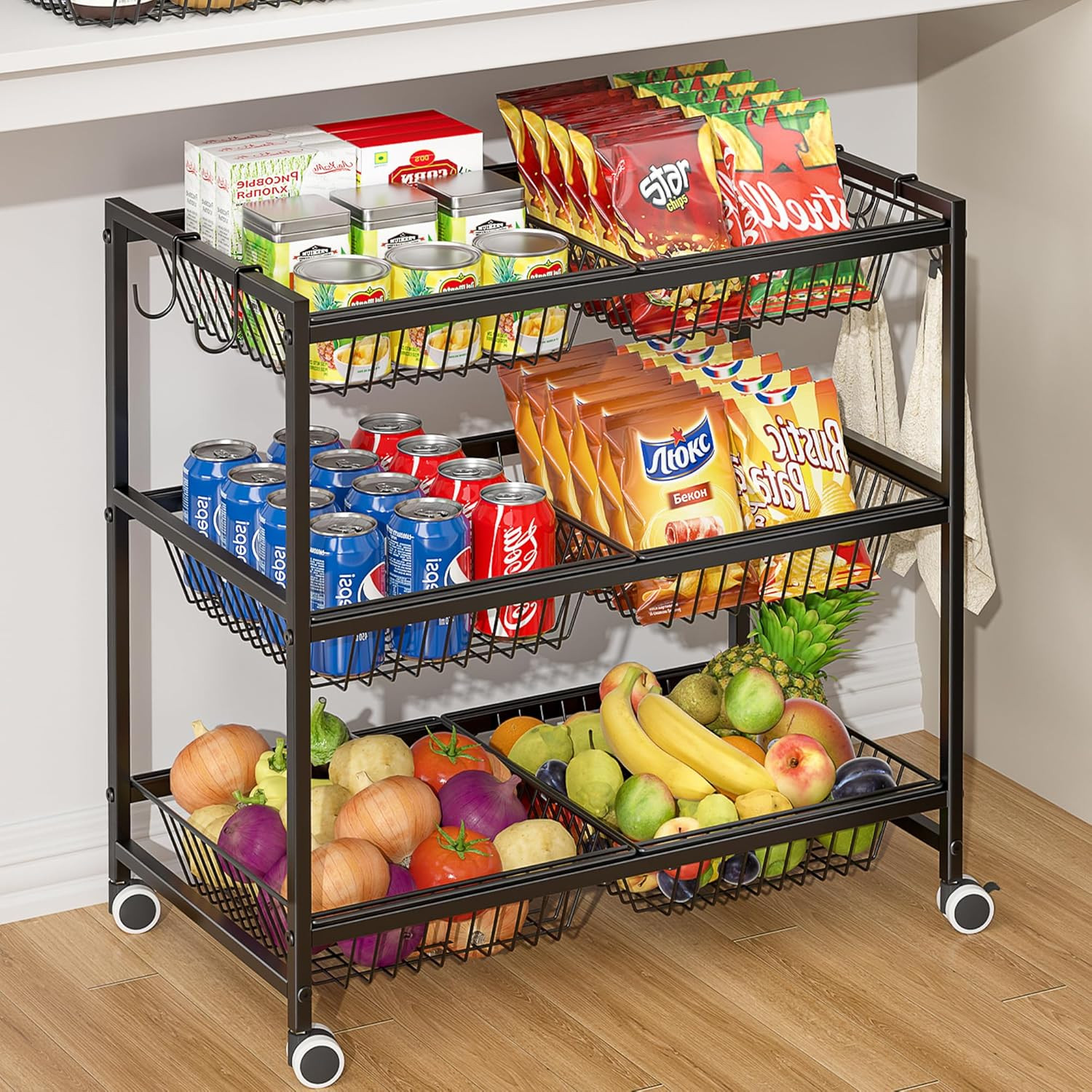 3-Tier Rolling Pantry Floor Organizer Cart with 6 Detachable Baskets, Metal Wire